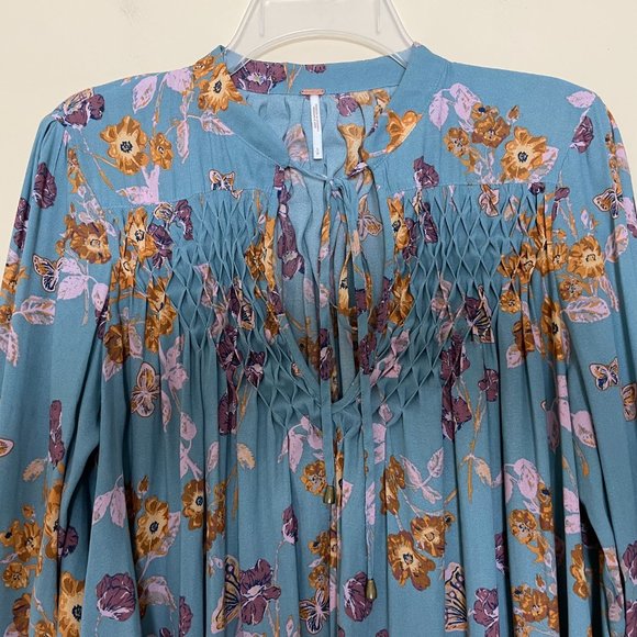 Free People So Fine Pebble Crepe Smocked Floral Tunic Top XS Fairy Cottagecore - Picture 6 of 10